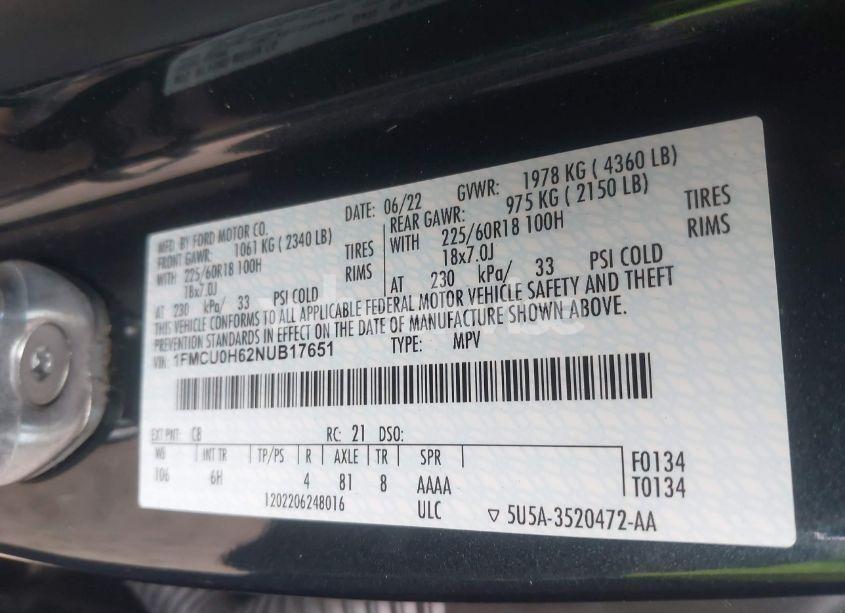 Photo 9 of 2022 Ford Escape SEL (VIN 1FMCU0H62NUB17651)