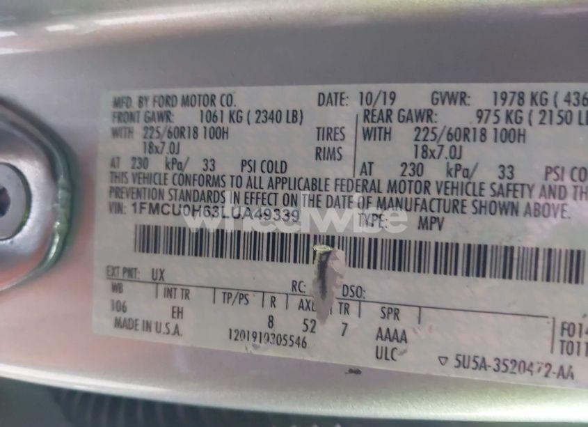 Photo 9 of 2020 Ford Escape SEL (VIN 1FMCU0H63LUA49339)