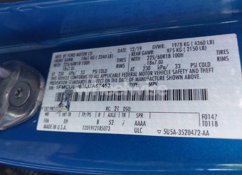 Photo 9 of 2020 Ford Escape SEL (VIN 1FMCU0H63LUA67453)