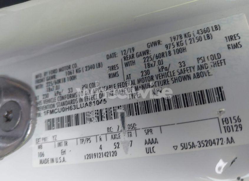 Photo 9 of 2020 Ford Escape SEL (VIN 1FMCU0H63LUA81045)