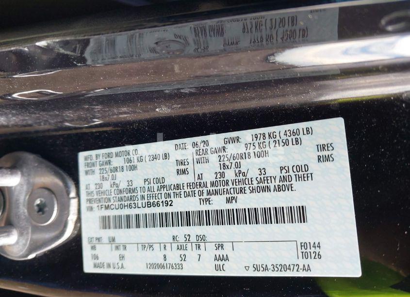 Photo 9 of 2020 Ford Escape SEL (VIN 1FMCU0H63LUB66192)