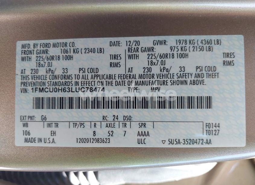 Photo 9 of 2020 Ford Escape SEL (VIN 1FMCU0H63LUC78474)
