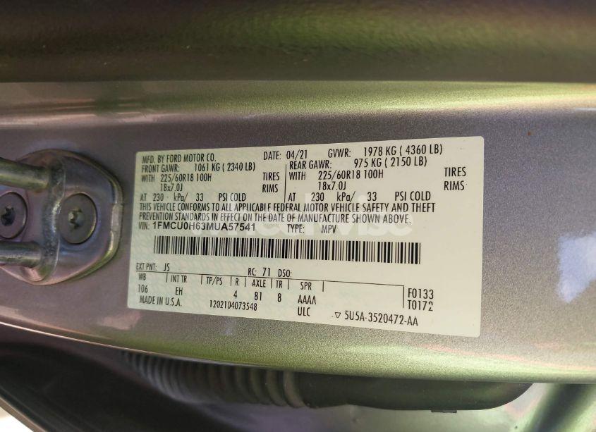 Photo 9 of 2021 Ford Escape SEL (VIN 1FMCU0H63MUA57541)