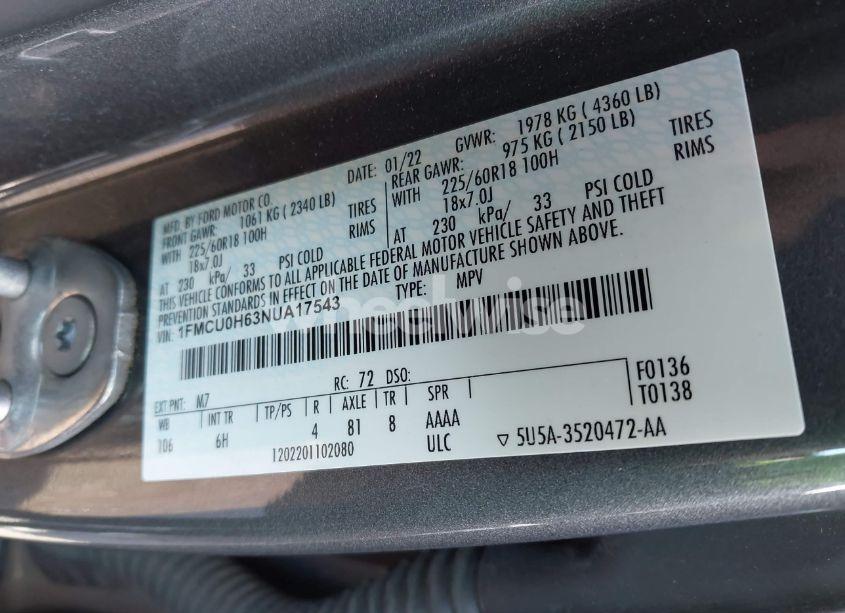 Photo 9 of 2022 Ford Escape SEL (VIN 1FMCU0H63NUA17543)