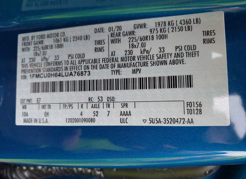 Photo 9 of 2020 Ford Escape SEL (VIN 1FMCU0H64LUA76873)