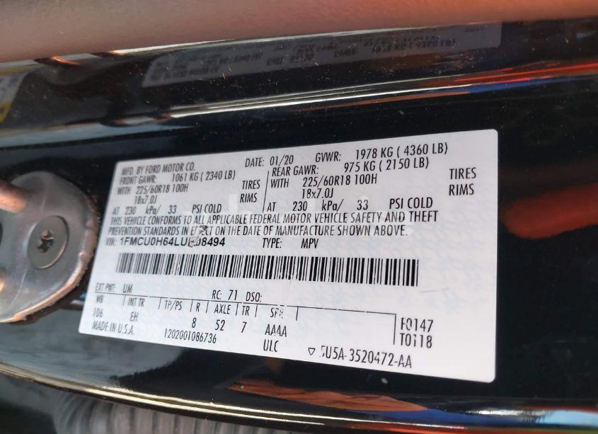 Photo 8 of 2020 Ford Escape SEL (VIN 1FMCU0H64LUB08494)