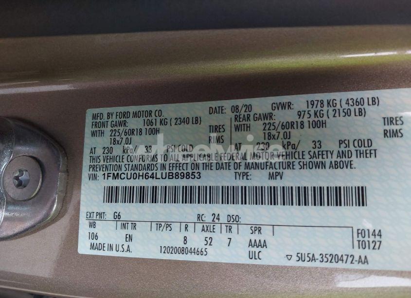 Photo 9 of 2020 Ford Escape SEL (VIN 1FMCU0H64LUB89853)