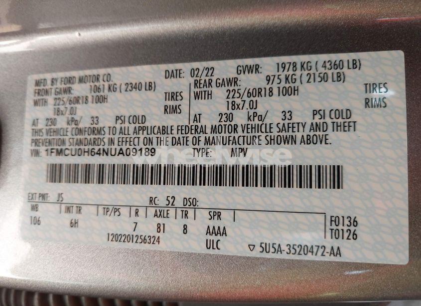 Photo 9 of 2022 Ford Escape SEL (VIN 1FMCU0H64NUA09189)