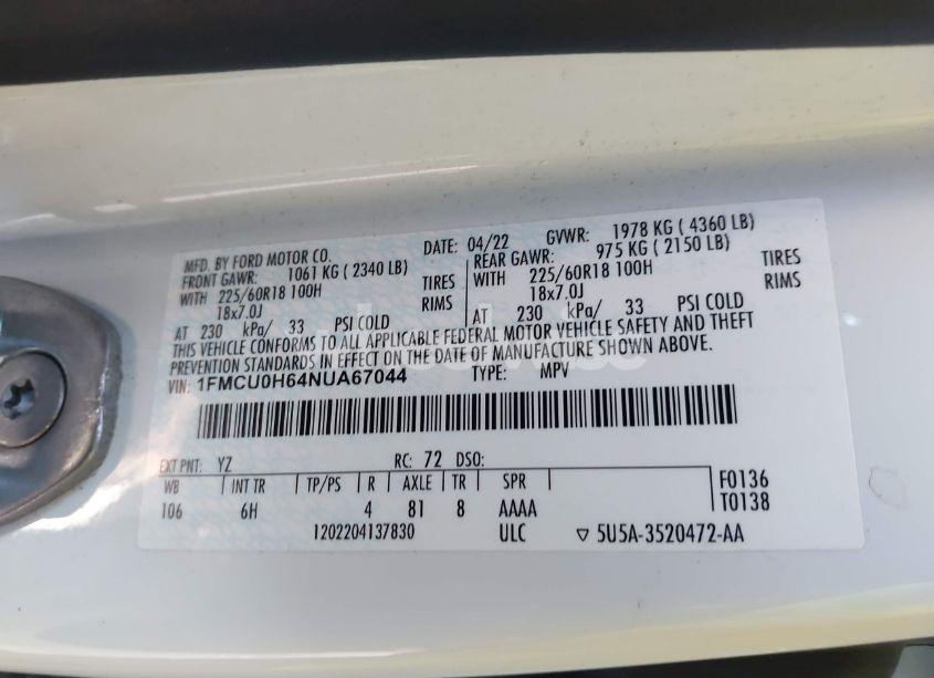 Photo 9 of 2022 Ford Escape SEL (VIN 1FMCU0H64NUA67044)