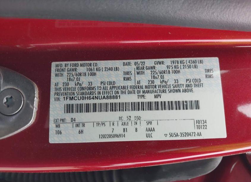 Photo 9 of 2022 Ford Escape SEL (VIN 1FMCU0H64NUA88881)