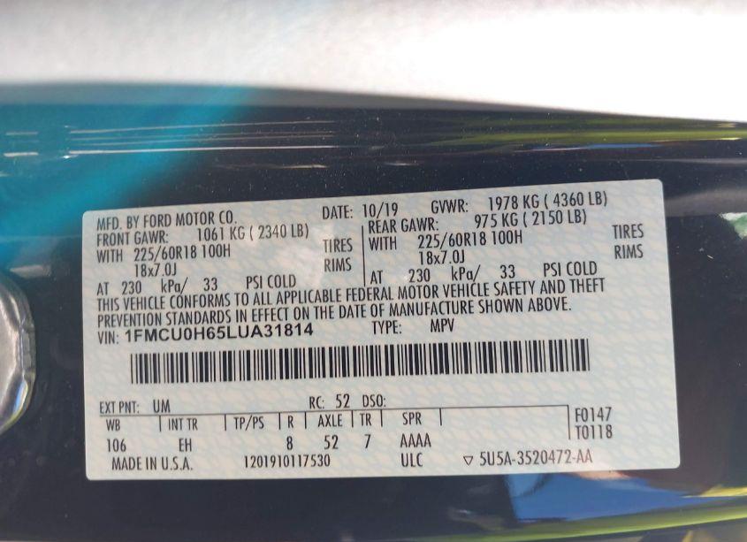 Photo 9 of 2020 Ford Escape SEL (VIN 1FMCU0H65LUA31814)