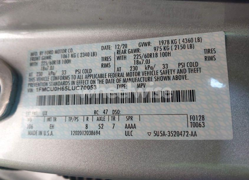 Photo 9 of 2020 Ford Escape SEL (VIN 1FMCU0H65LUC70053)