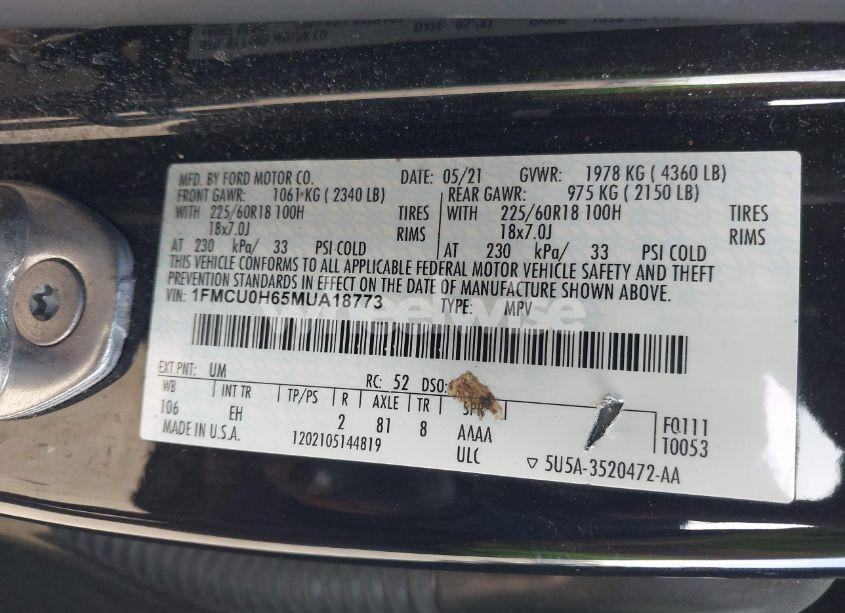 Photo 9 of 2021 Ford Escape SEL (VIN 1FMCU0H65MUA18773)