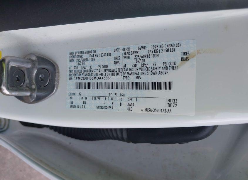 Photo 9 of 2021 Ford Escape SEL (VIN 1FMCU0H65MUA45861)