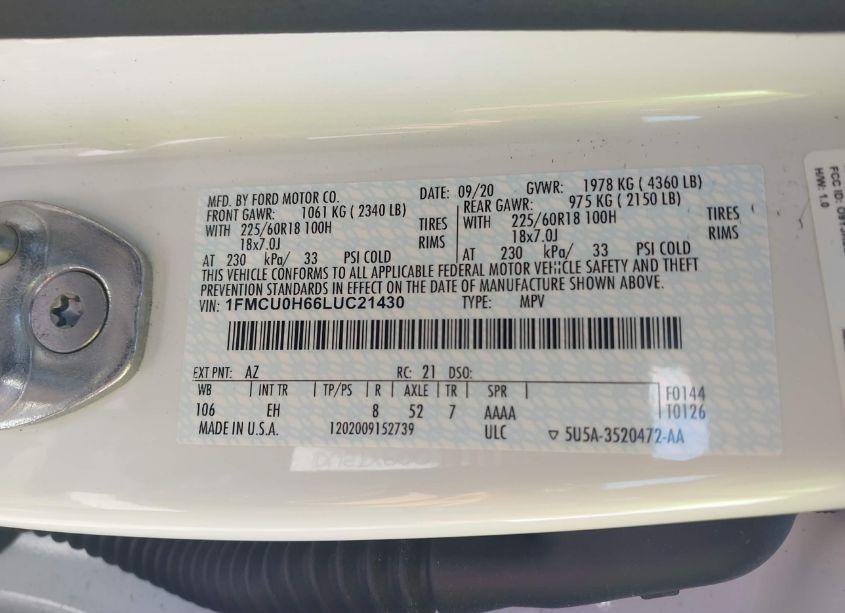 Photo 9 of 2020 Ford Escape SEL (VIN 1FMCU0H66LUC21430)