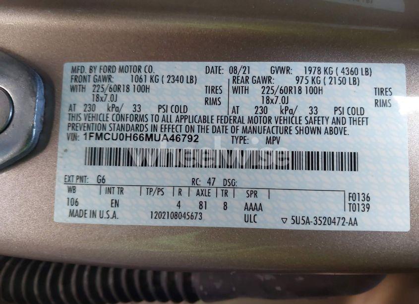 Photo 9 of 2021 Ford Escape SEL (VIN 1FMCU0H66MUA46792)