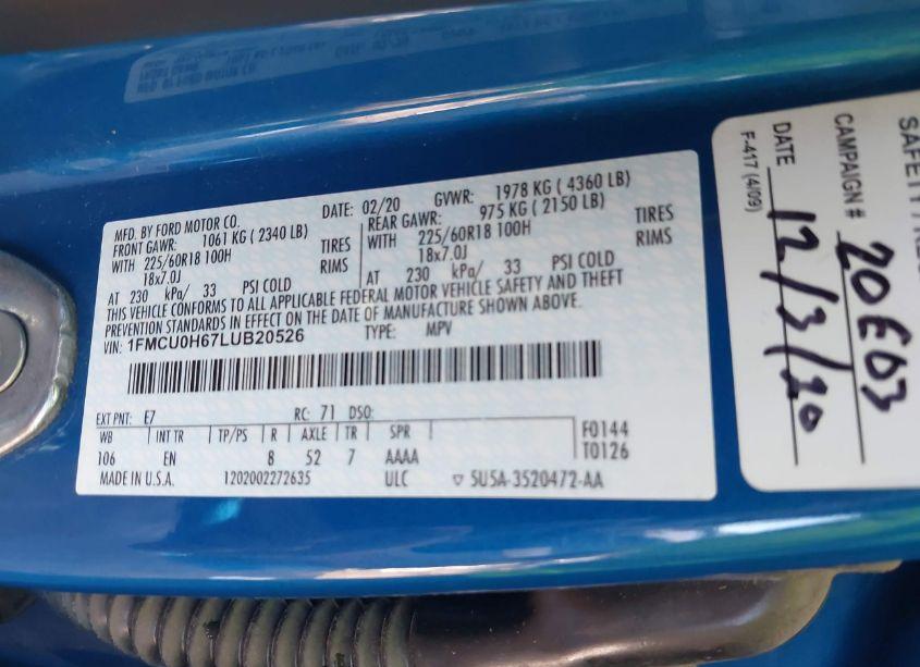 Photo 9 of 2020 Ford Escape SEL (VIN 1FMCU0H67LUB20526)