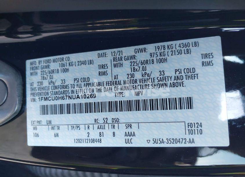 Photo 9 of 2022 Ford Escape SEL (VIN 1FMCU0H67NUA10269)