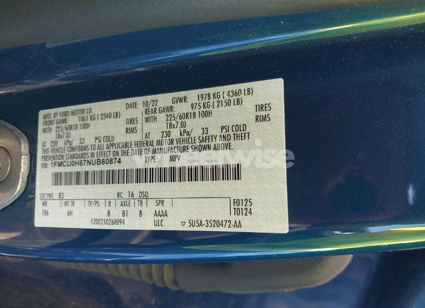 Photo 9 of 2022 Ford Escape SEL (VIN 1FMCU0H67NUB80874)