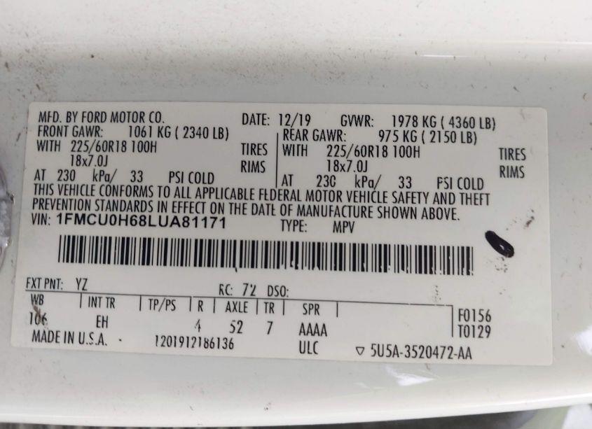 Photo 9 of 2020 Ford Escape SEL (VIN 1FMCU0H68LUA81171)