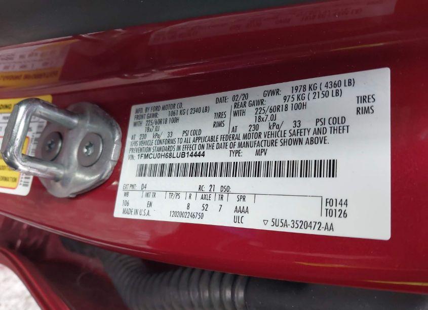 Photo 9 of 2020 Ford Escape SEL (VIN 1FMCU0H68LUB14444)