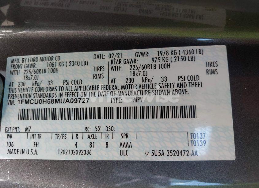 Photo 9 of 2021 Ford Escape SEL (VIN 1FMCU0H68MUA09727)