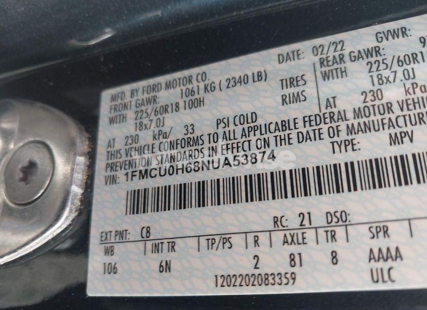 Photo 9 of 2022 Ford Escape SEL (VIN 1FMCU0H68NUA53874)