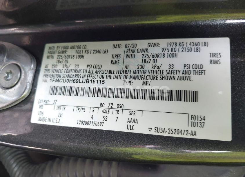 Photo 9 of 2020 Ford Escape SEL (VIN 1FMCU0H69LUB18115)