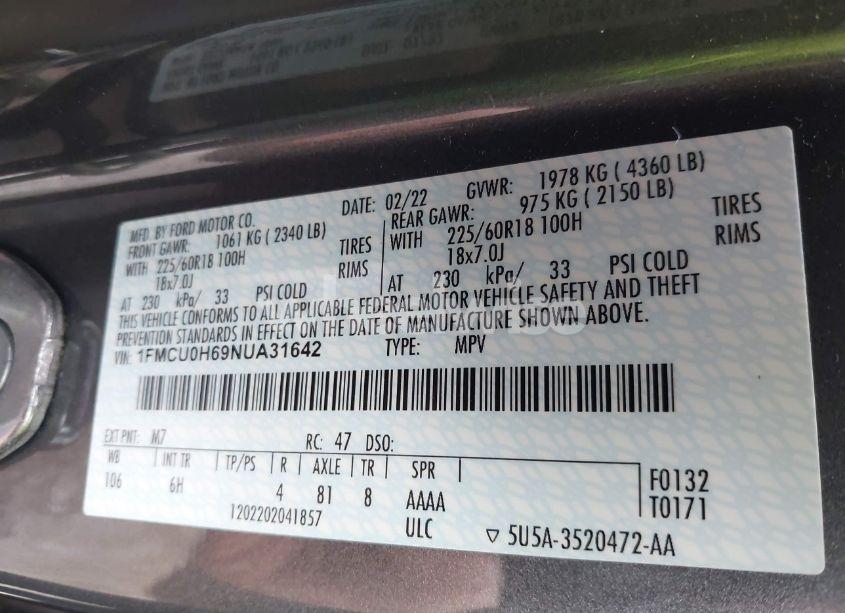 Photo 9 of 2022 Ford Escape SEL (VIN 1FMCU0H69NUA31642)