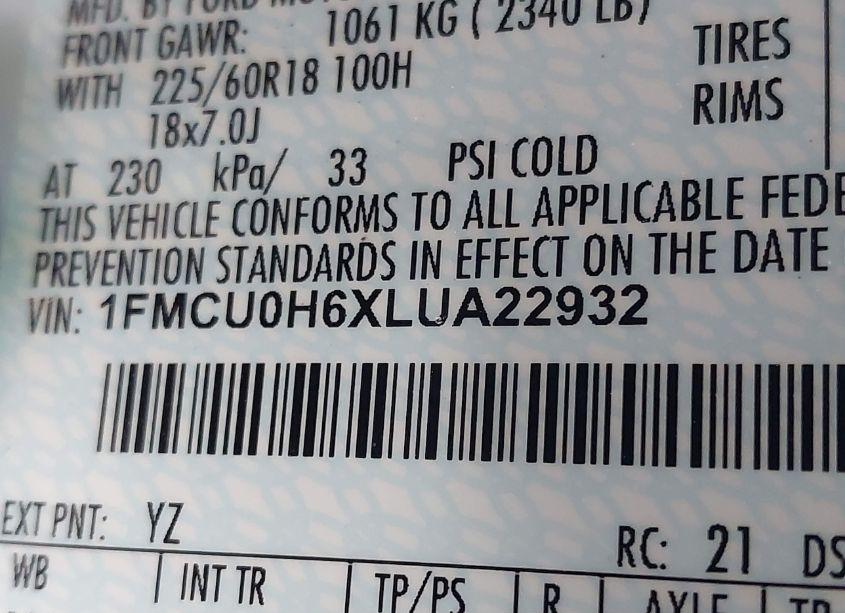 Photo 9 of 2020 Ford Escape SEL (VIN 1FMCU0H6XLUA22932)