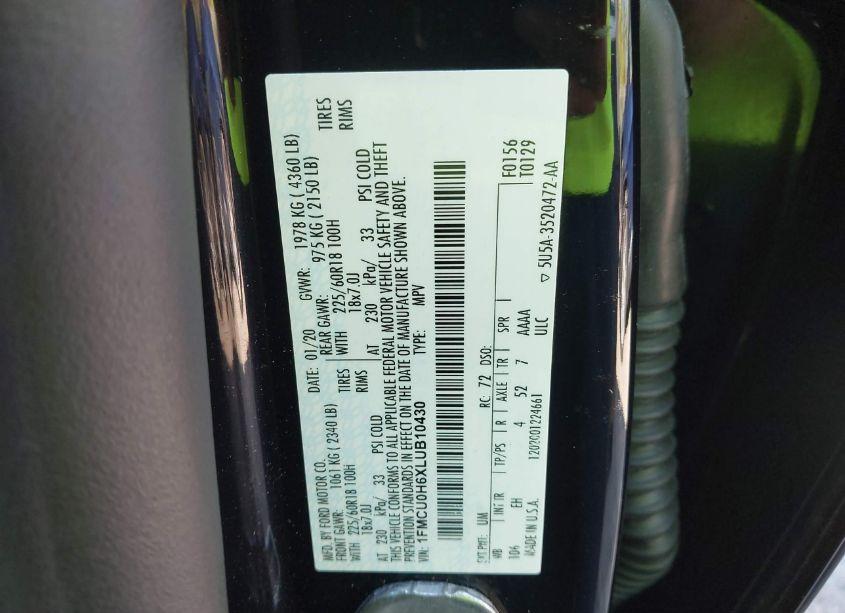 Photo 9 of 2020 Ford Escape SEL (VIN 1FMCU0H6XLUB10430)