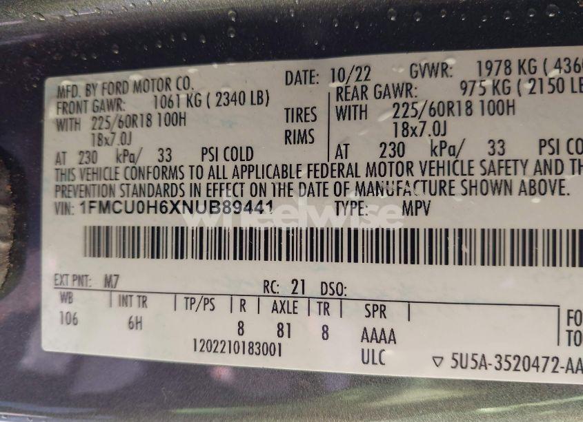 Photo 9 of 2022 Ford Escape SEL (VIN 1FMCU0H6XNUB89441)