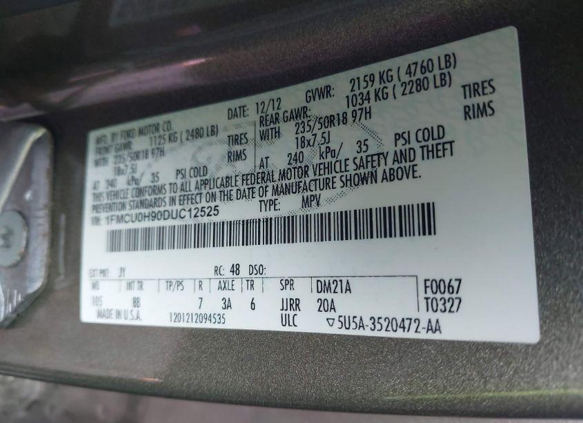 Photo 9 of 2013 Ford Escape SEL (VIN 1FMCU0H90DUC12525)