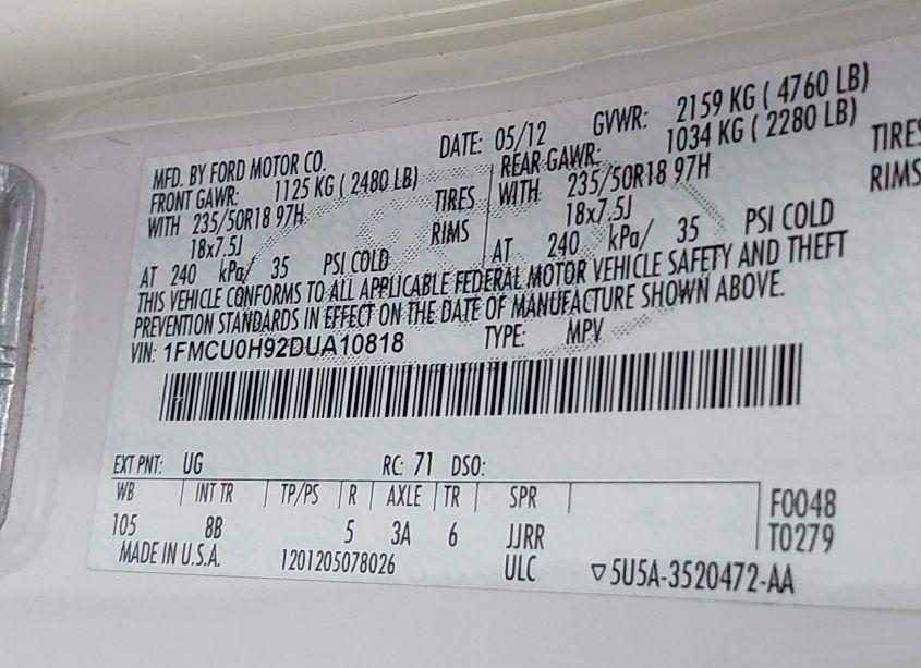 Photo 9 of 2013 Ford Escape SEL (VIN 1FMCU0H92DUA10818)