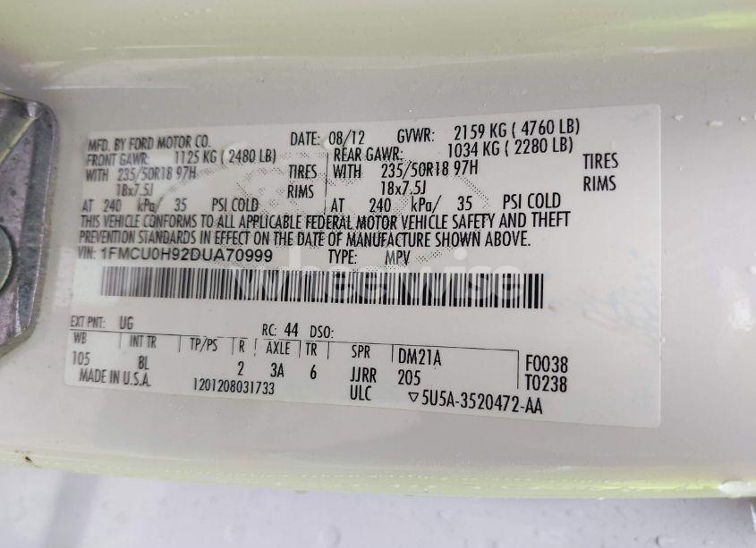 Photo 9 of 2013 Ford Escape SEL (VIN 1FMCU0H92DUA70999)