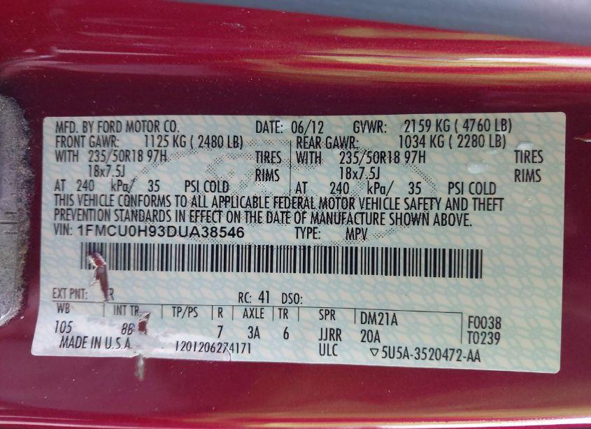 Photo 9 of 2013 Ford Escape SEL (VIN 1FMCU0H93DUA38546)