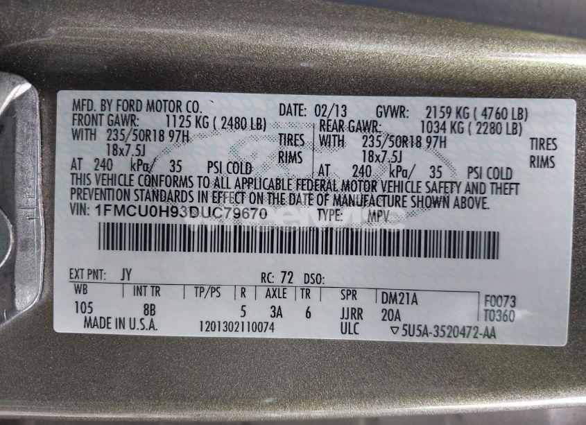 Photo 9 of 2013 Ford Escape SEL (VIN 1FMCU0H93DUC79670)