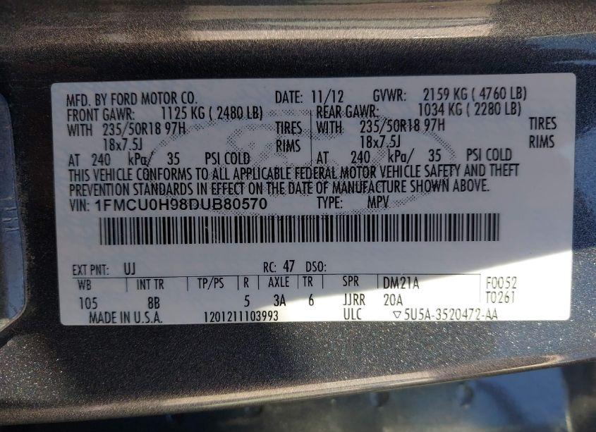 Photo 9 of 2013 Ford Escape SEL (VIN 1FMCU0H98DUB80570)