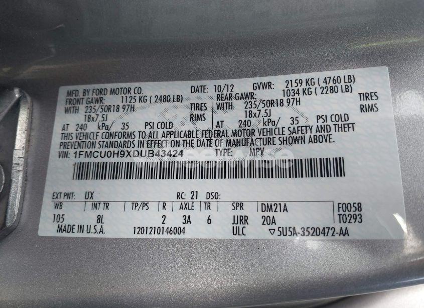 Photo 9 of 2013 Ford Escape SEL (VIN 1FMCU0H9XDUB43424)