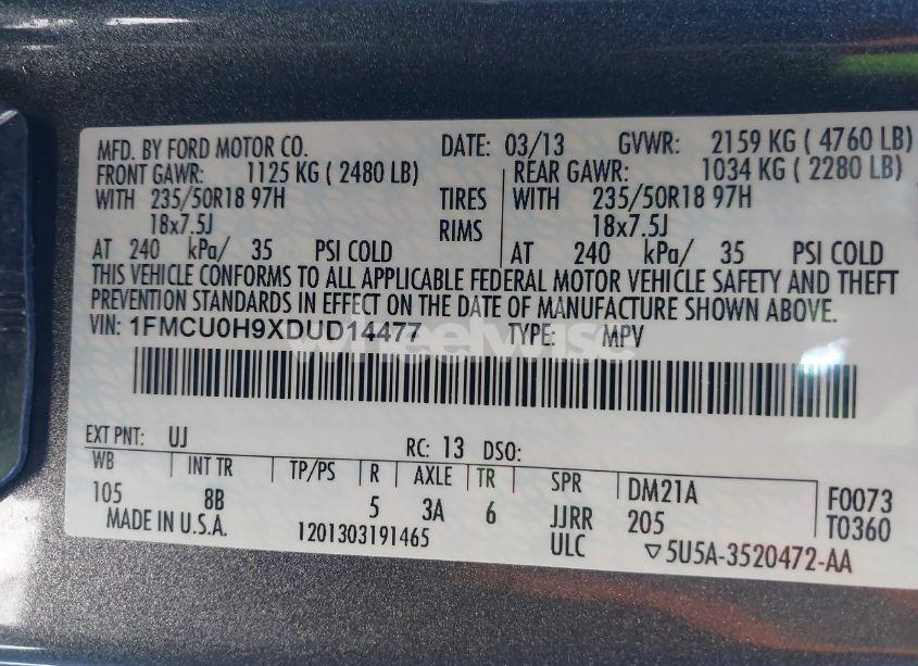 Photo 9 of 2013 Ford Escape SEL (VIN 1FMCU0H9XDUD14477)