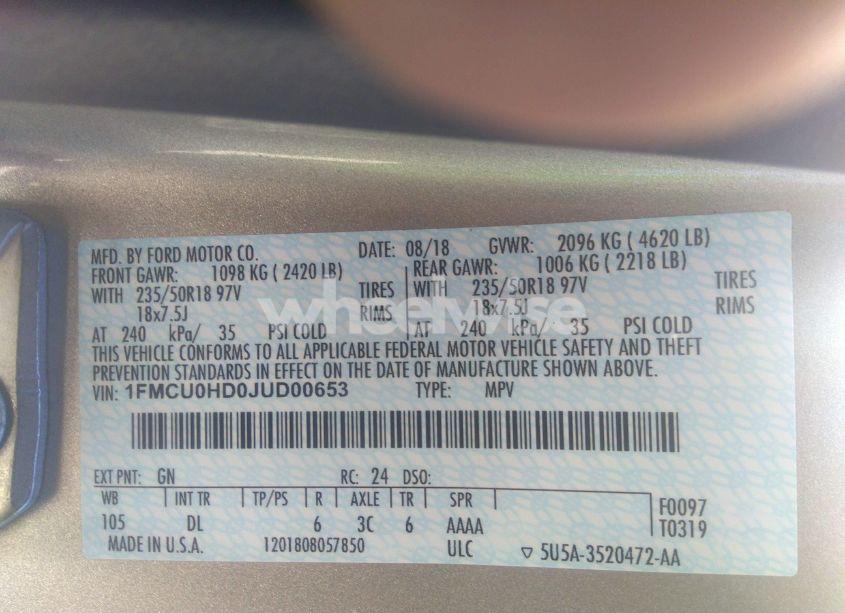 Photo 9 of 2018 Ford Escape SEL (VIN 1FMCU0HD0JUD00653)