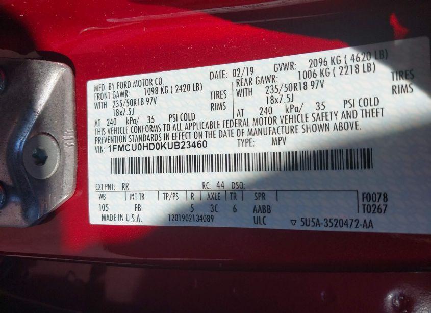 Photo 9 of 2019 Ford Escape SEL (VIN 1FMCU0HD0KUB23460)