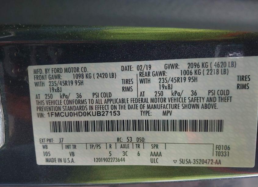 Photo 9 of 2019 Ford Escape SEL (VIN 1FMCU0HD0KUB27153)