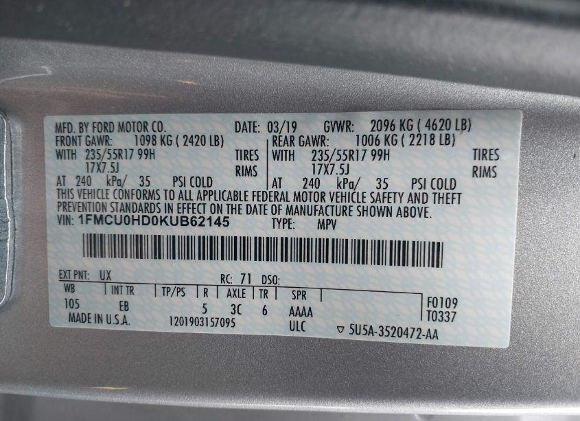 Photo 9 of 2019 Ford Escape SEL (VIN 1FMCU0HD0KUB62145)
