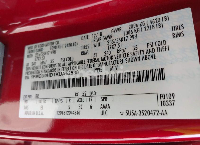 Photo 9 of 2019 Ford Escape SEL (VIN 1FMCU0HD1KUA62538)