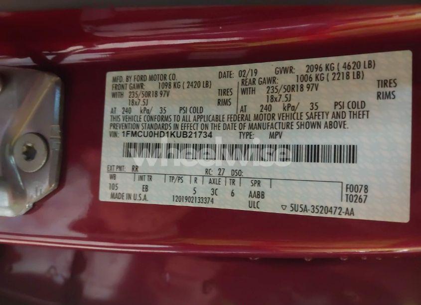 Photo 9 of 2019 Ford Escape SEL (VIN 1FMCU0HD1KUB21734)