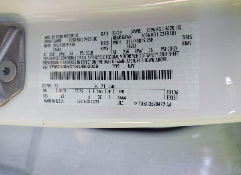 Photo 9 of 2019 Ford Escape SEL (VIN 1FMCU0HD1KUB62039)