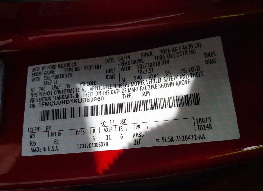 Photo 9 of 2019 Ford Escape SEL (VIN 1FMCU0HD1KUB83960)