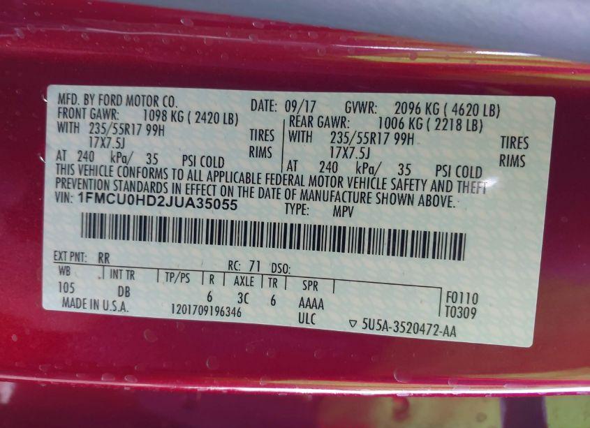 Photo 9 of 2018 Ford Escape SEL (VIN 1FMCU0HD2JUA35055)