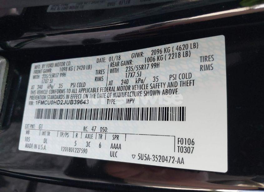 Photo 9 of 2018 Ford Escape SEL (VIN 1FMCU0HD2JUB39643)